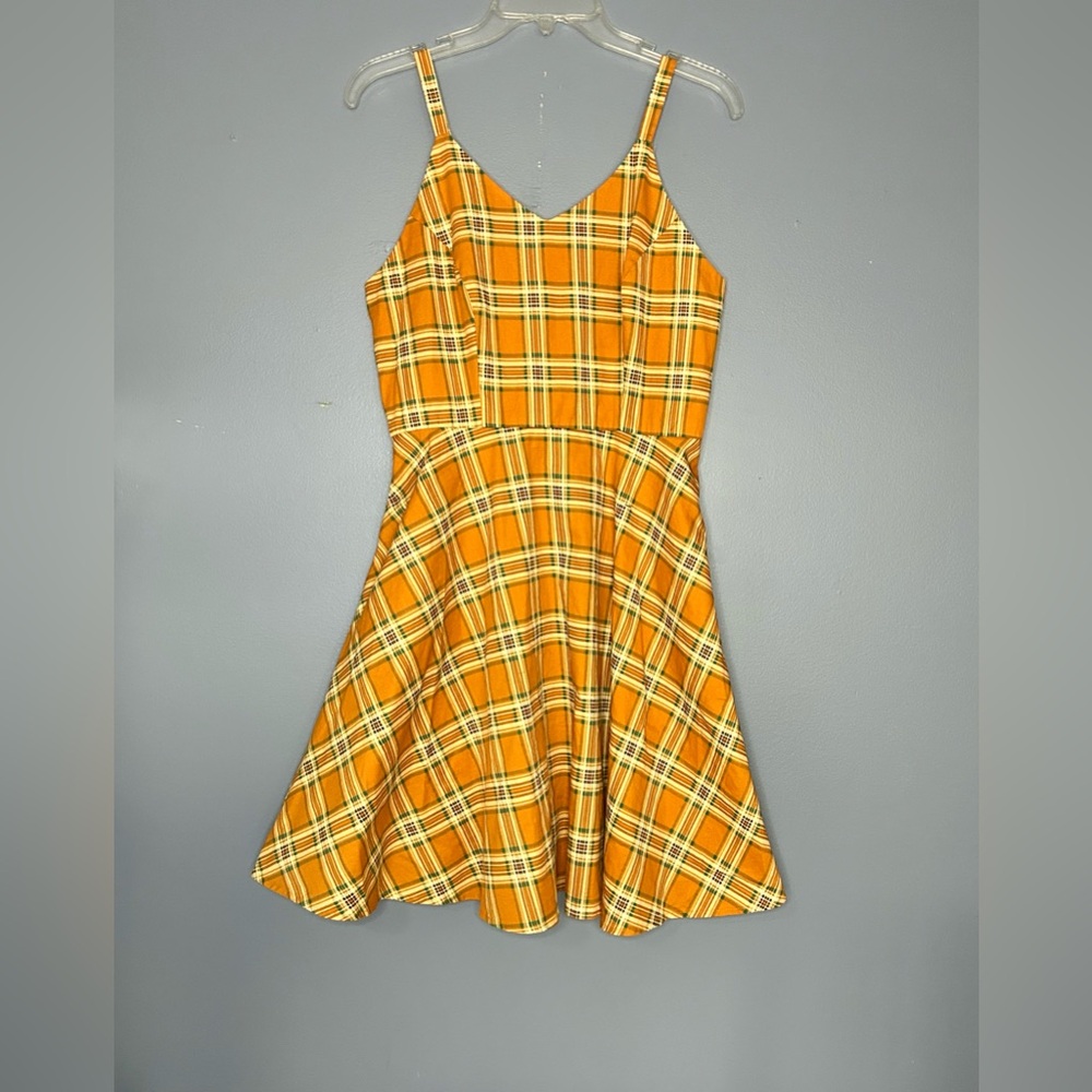 Dollz & Dames Dress L Orange Gold Plaid Fit Flare Rockabilly Pin Up Retro Skater